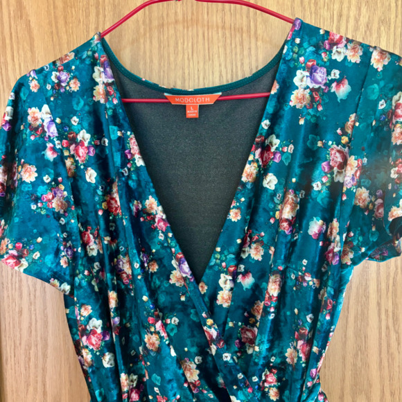 ModCloth Timeless Embrace Teal Floral Velvet Faux Wrap Dress Large - Picture 4 of 7